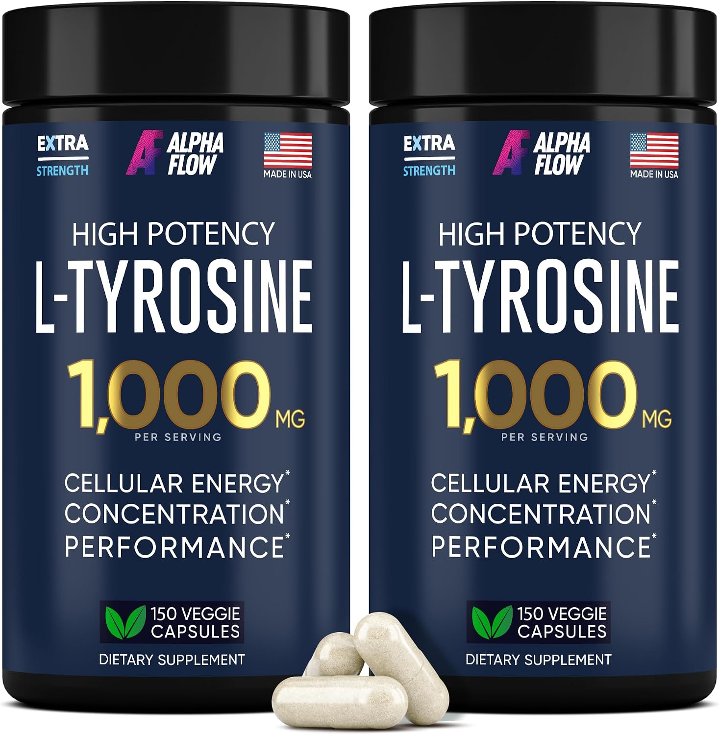 [2 Pack] L-Tyrosine 1000MG Capsules - Natural L Tyrosine Supplement for Kids & Adults - Energy Boost and Brain Supplement - 2x the potency of L-Tyrosine 500mg capsules - 300 Vegan LTyrosine Capsule