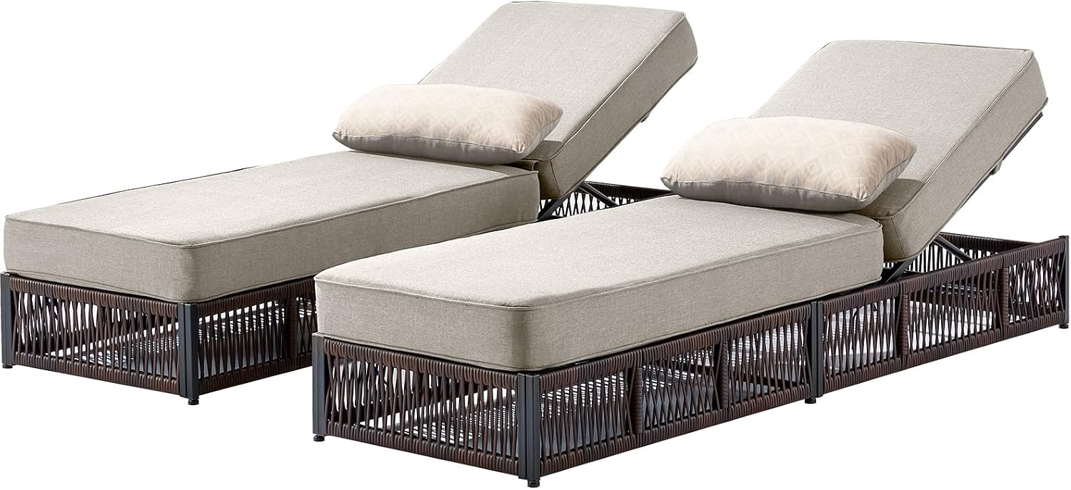 Luxury Outdoor Chaise Lounges with 5 Inch Thickened Cushions - Set of 2 High Back Brown Wicker Patio Recliners Rattan Reclining Chairs Porch Poolside Pool Sunbathing Lounger - Beige