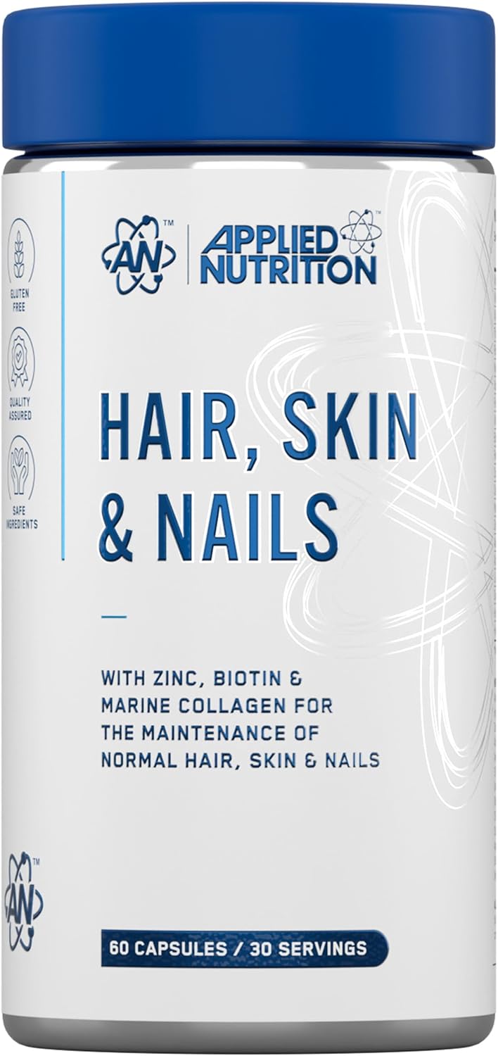 Applied Nutrition Hair, Skin & Nails – Hair Growth Vitamins with Biotin & Marine Collagen – Biotin Hair Growth & Nail Strengthener – Glowing Skin Support – 60 Capsules (30 Servings)