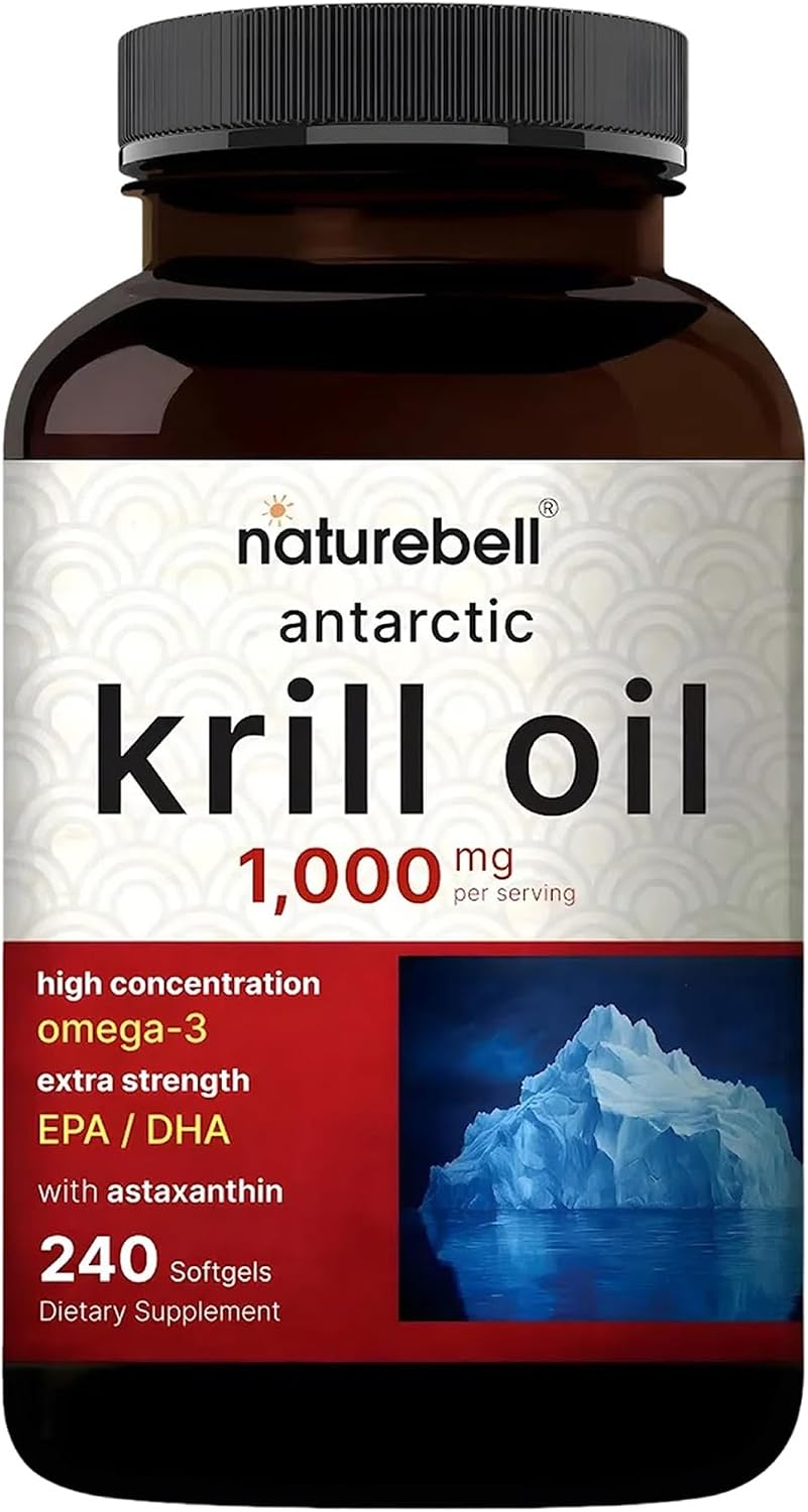 NatureBell Antarctic Krill Oil 1,000mg - 240 Softgels - Omega-3 Heart, Joint & Immune Health Support* - High EPA DHA with Astaxanthin - Non-GMO & Gluten-Free