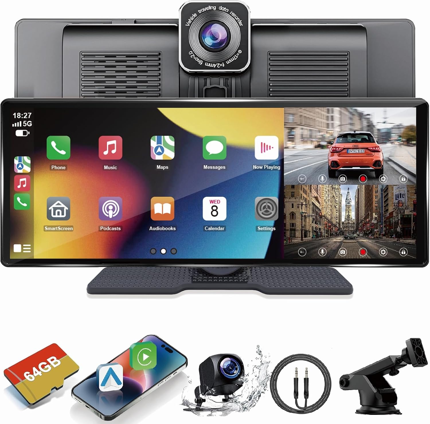 10.26" Portable Carplay Screen for Car, Wireless Car Stereo Works with Apple Carplay Android Auto with Front Dash Cam/1080P Backup Camera/Bluetooth/AUX/USB/FM/AM/GPS Navigation