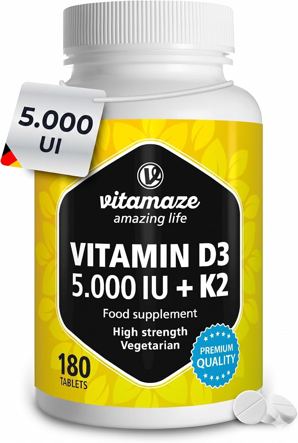 Vitamin D3 K2 (5000 IU Vitamin D3 + Vitamin K2 MK7 100 mcg), Vitamins for Bones, Teeth, Muscle Function & Immune System. 6 Month Supply, High Bioavailability & No Additives. Vitamaze®