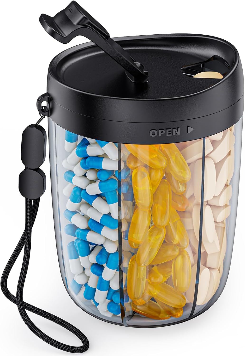 AUVON Pill Dispenser Holds 1 Monthly Vitamins, Supplement Pill Box Easy to Retrieve, Pill Organiser with Anti-Mixing & Wide Openings Designs, Medication Organiser Includes 20 Sticky Labels