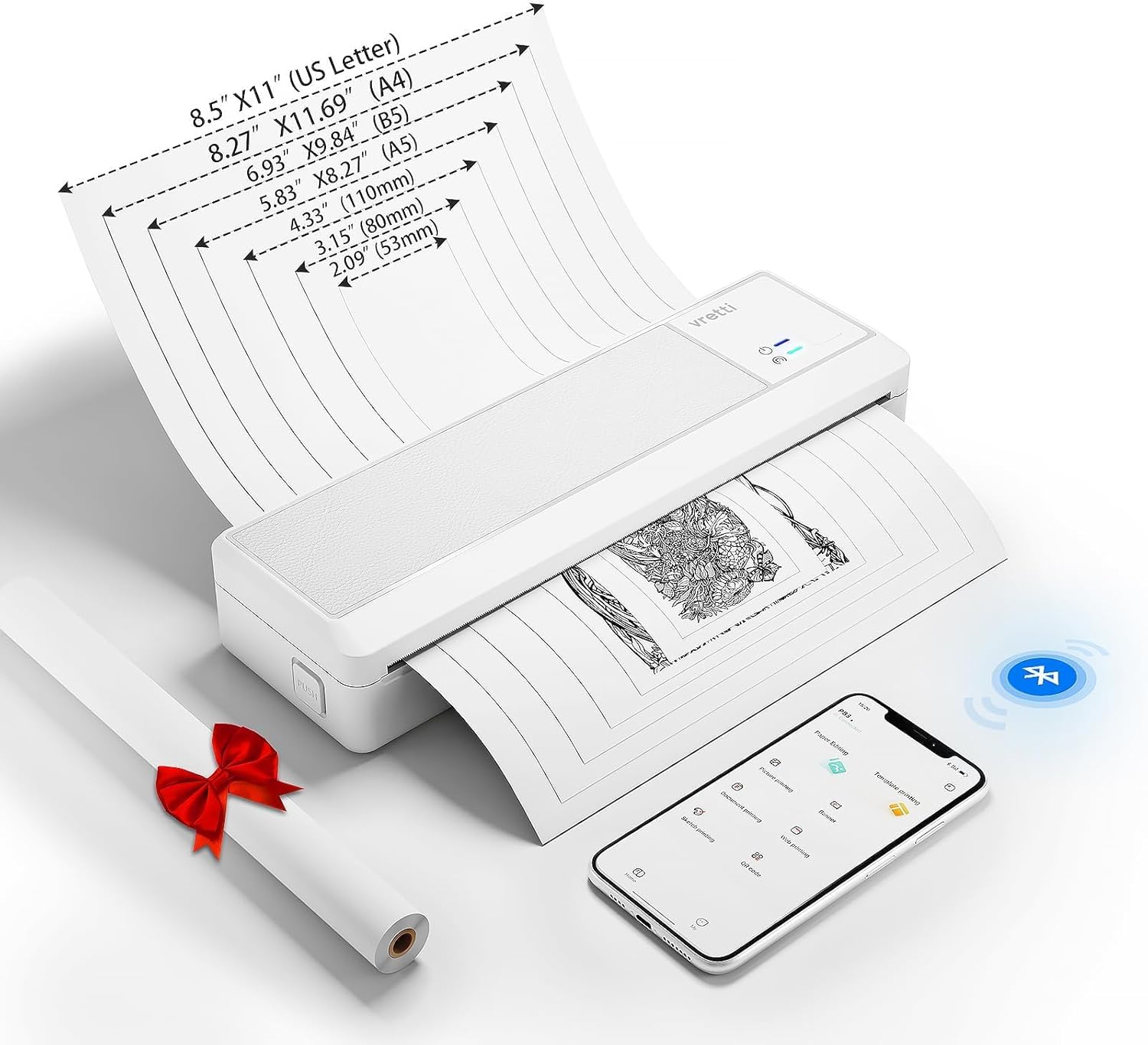 vretti Portable Printers Wireless,P83 Inkless Printer,Thermal Machine A4 Compatible with Android and iOS for Travel,Home,Study,Office