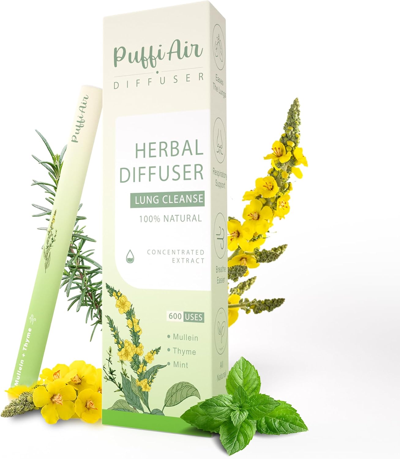 Upgraded Herbal Diffuser Pen | Mullein Inhaler for Lung Cleansing and Breathing Support | Portable Atomizing Air Freshener-600 uses
