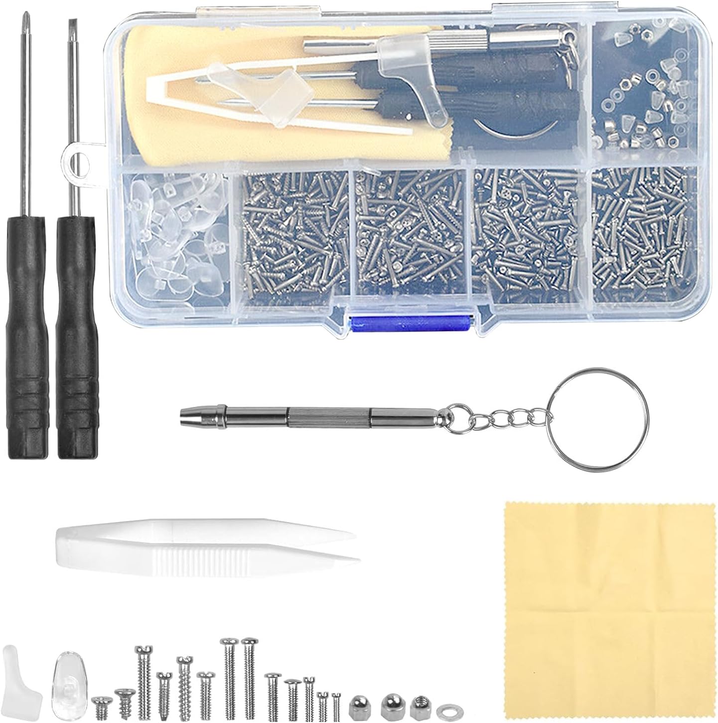500 PCS Eyeglass Repair Tool Set, Glasses Repair Kit with Micro Screwdriver, Multi-Specification Screws, Tweezers, and Nose Pads, Complete Eyeglasses Repair Kit for Sunglasses, Watches, and Small Elec