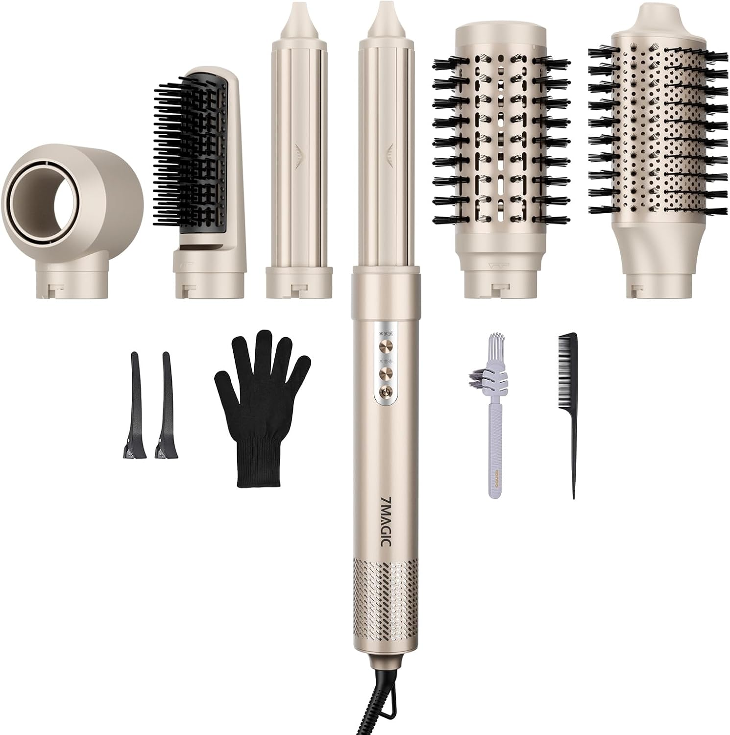 7MAGIC 6 in 1 Multi Hair Styler Dryer Brush, 110,000 RPM High-Speed, Negative Ionic, Fast Drying for Professional Blow Dry, Curling, Volumizing, Straightening and Styling, Gold