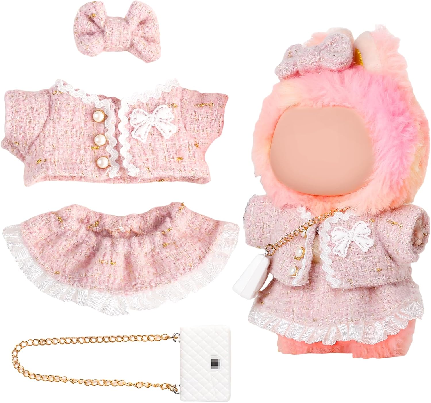 Chritice 4PCS Doll Clothes for Doll,Compatible with Labubu,Vinyl Plush Toy Outfit Set Accessories for 17CM Dolls,1 Bow,Clothes,Skirt & Bag,No Dolls