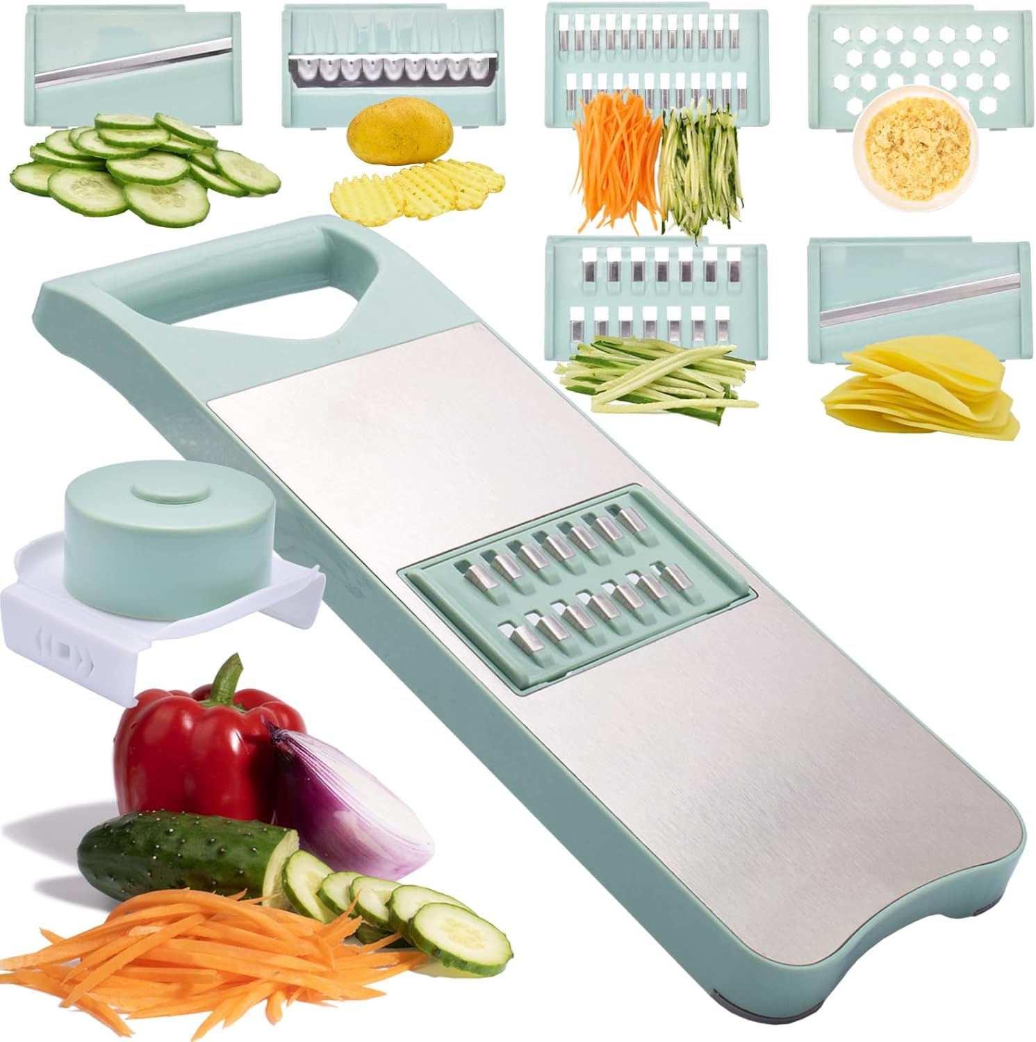 6-Blade Mandoline Slicer with Slide-On Hand Guard - Vegetable Chopper, Potato/Onion/Garlic Slicer, Kitchen Grater(Multi-Color) (Seafoam green, 6-in-1)