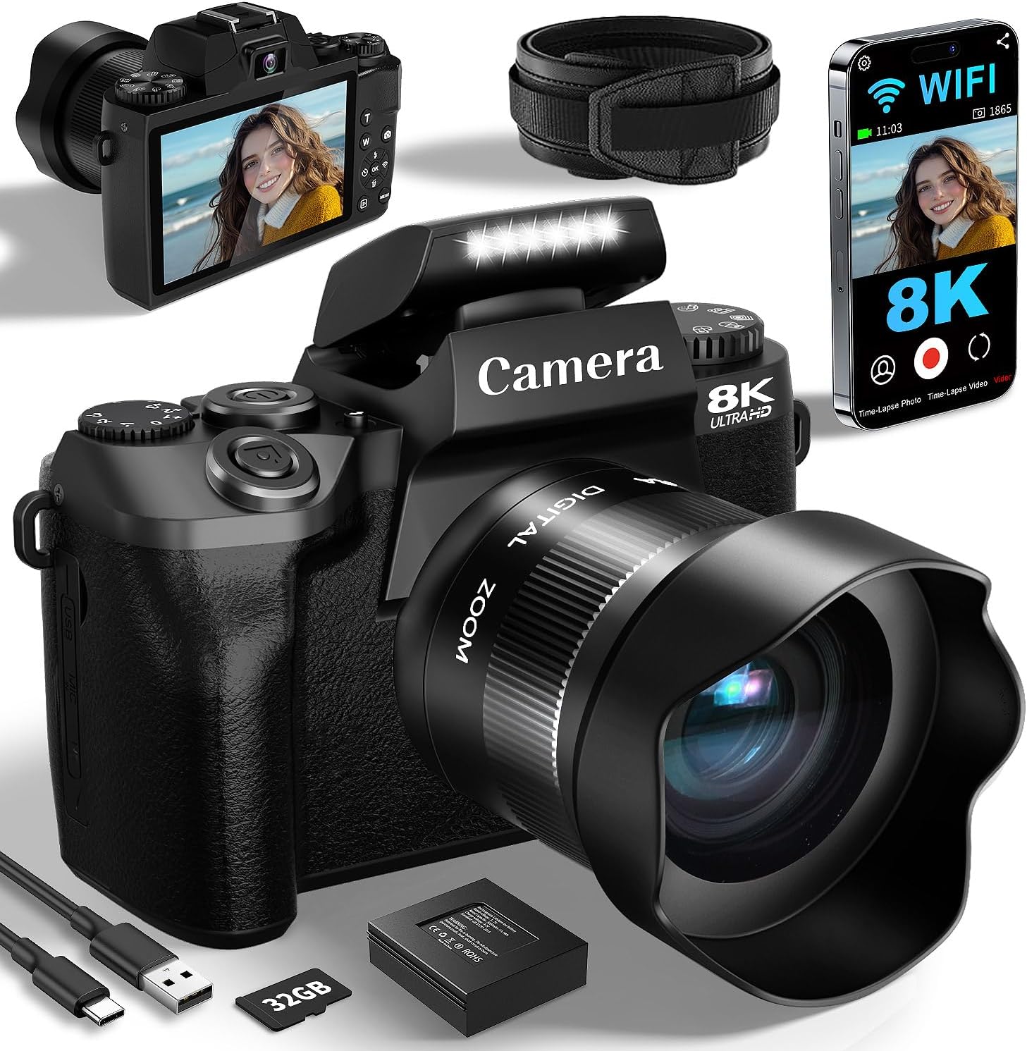 8K Digital Cameras for Photography, WiFi 64MP Vlogging Camera for YouTube, 4" Touch Screen Travel Camera with Dual Lens, Auto Focu, 16X Digital Zoom, 3000mAh Batteries, 32GB Card, Black