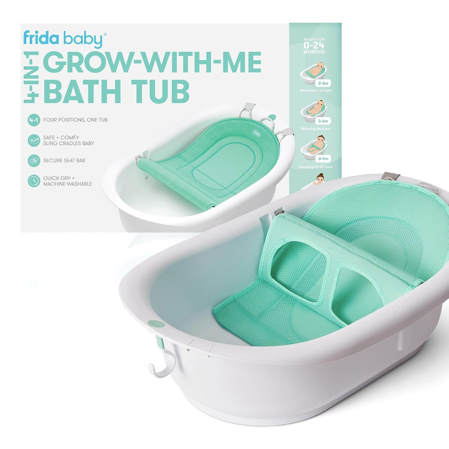 Frida Baby 4-in-1 Grow-with-Me Bathtub for Newborns to Toddler, Plastic, with Removable Seat and Backrest Support - 1 Pack, Green