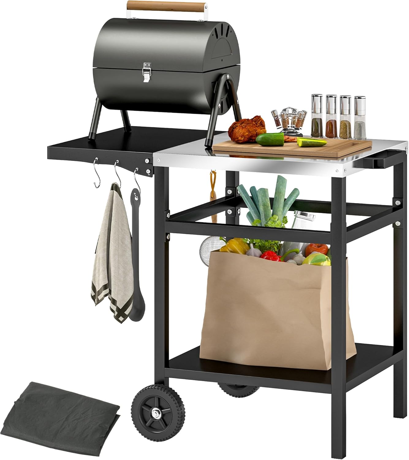 Outsunny BBQ Trolley with Stainless Steel Top and Foldable Side Table, Outdoor Kitchen BBQ Station with Hooks and Shelf, Pizza Oven Table Movable Outdoor Grill Dining Cart with Cover, Black