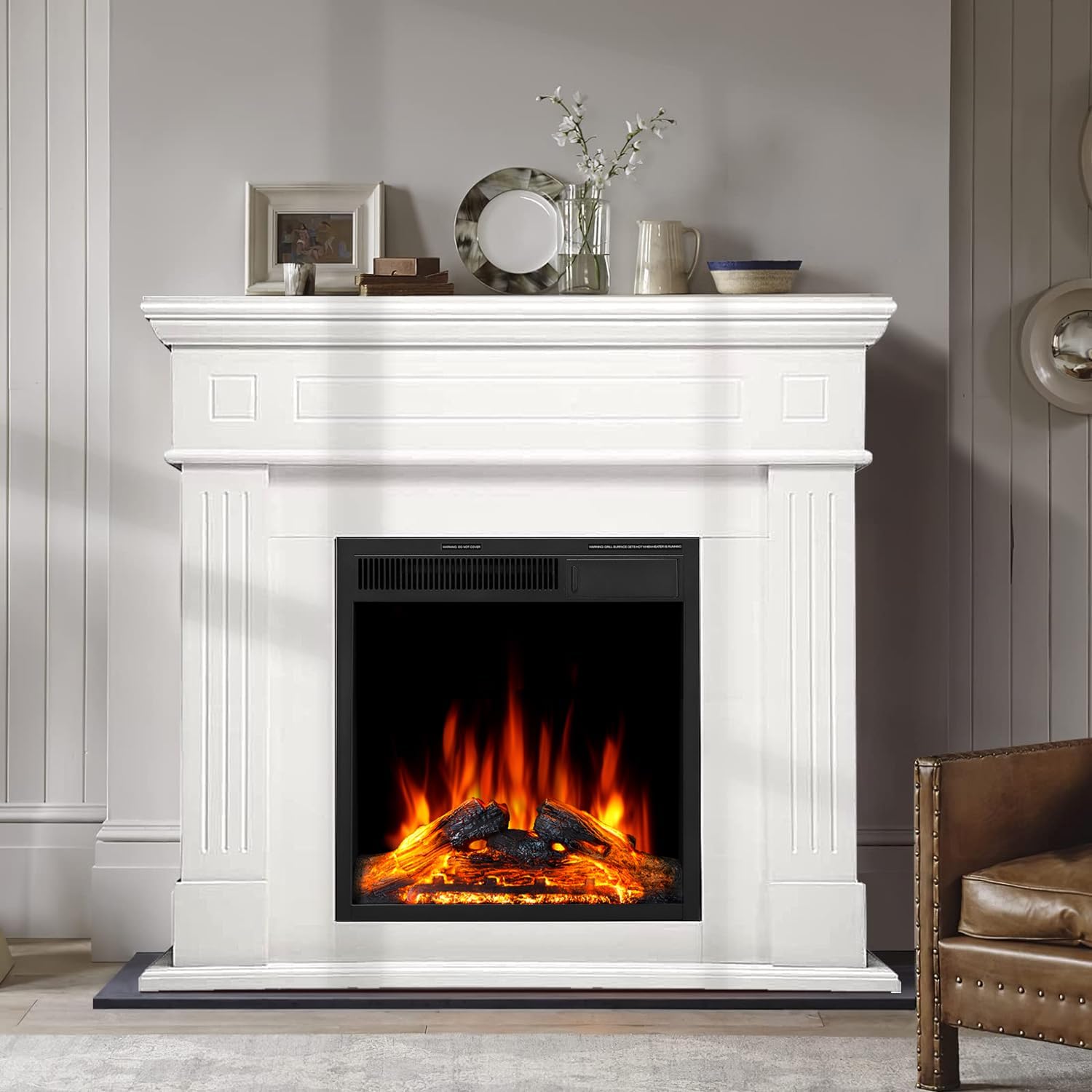 R.W.FLAME 43” Electric Fireplace Mantel Wooden Surround Firebox, TV Stand with Freestanding Electric Fireplace, Remote Control, Adjustable Led Flame, 750W/1500W Pearl White