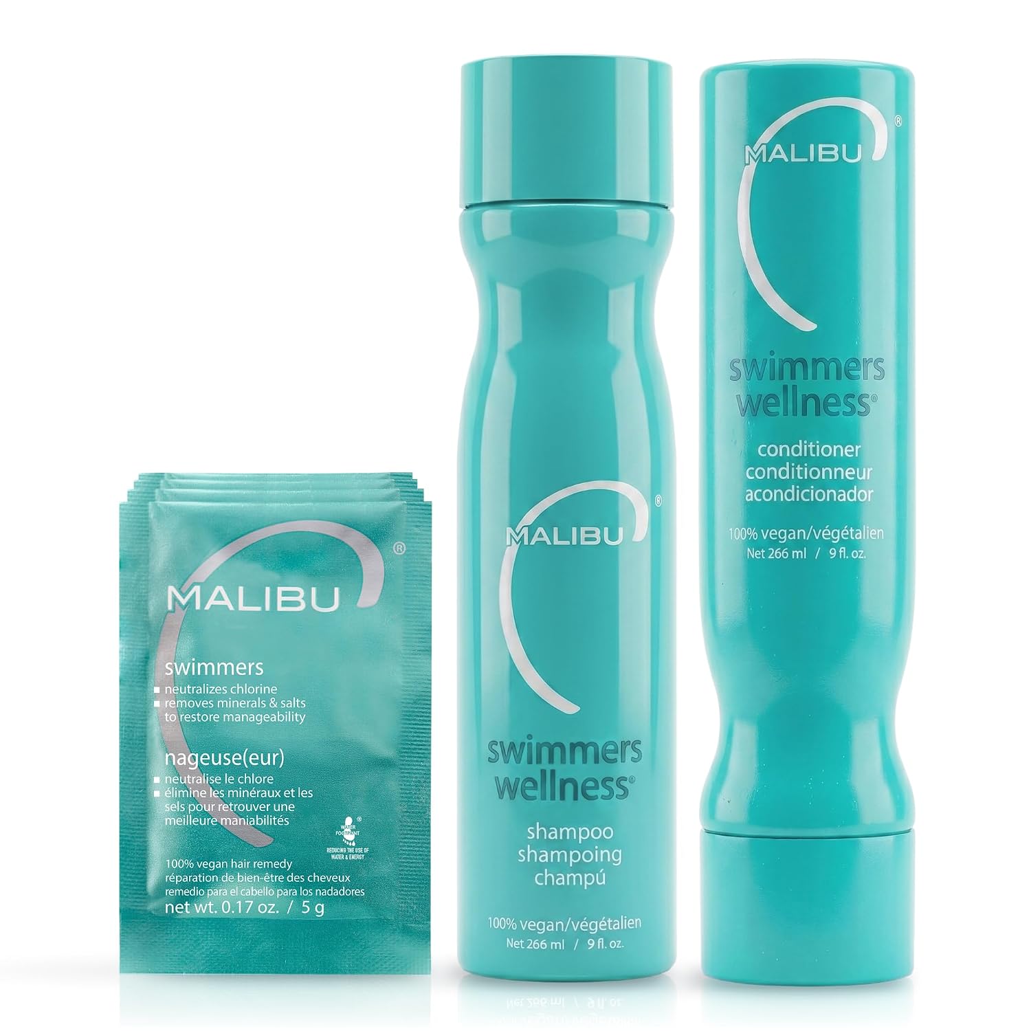 Malibu C Swimmers Wellness Shampoo and Conditioner + Hair Mask Summer Essentials Kit - Adults & Kids Clarifying, Moisturizing, Shine Restoring Hair Care - Protects from Pool Chlorine & Copper, 6 Ct