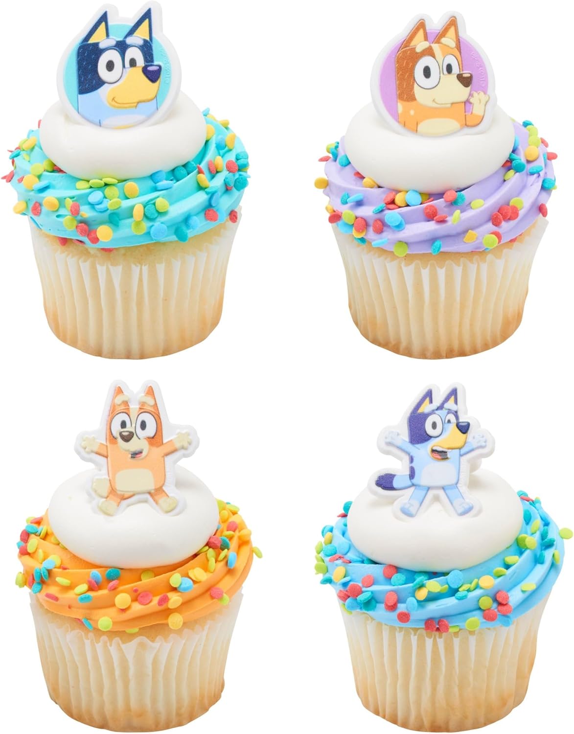 DecoPac Bluey So Much Fun Rings, 24 Cupcake Decorations Featuring Bluey, Bingo, Bandit, and Chilli, 3D Food Safe Cake Toppers – 24 Pack