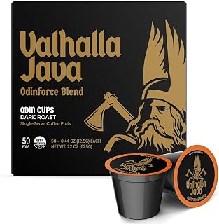 Death Wish Coffee Co. Valhalla Java Single Serve Pods - Extra Kick of Caffeine - Dark Roast Coffee Pods - Made with USDA Certified Organic Fair Trade Arabica and Robusta Beans (50 Count)