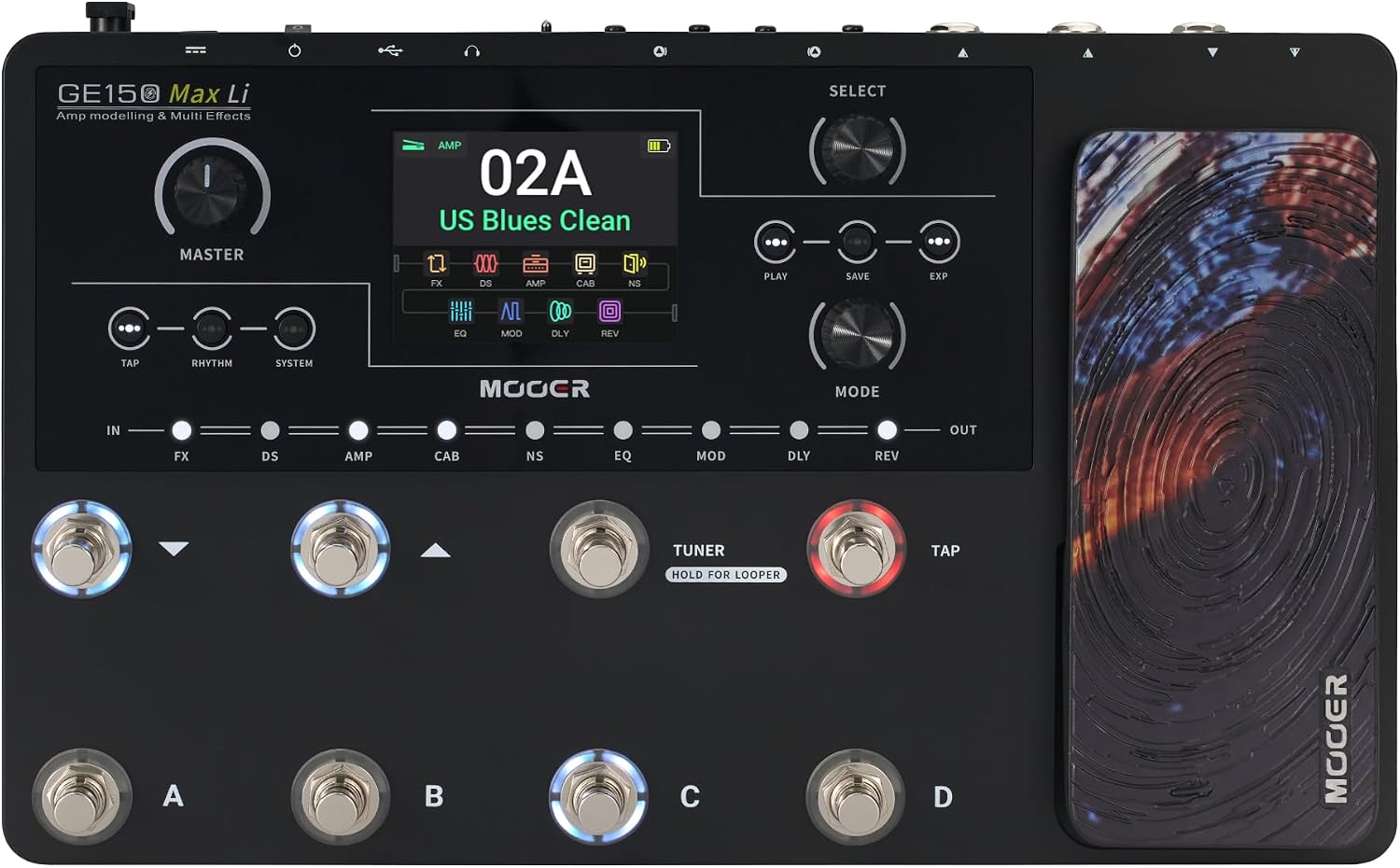 MOOER GE150 Max Li Battery Powered Guitar Amp Modelling Multi Effects 8-Footswitch Floor Guitar FX Processor with XLR stereo output, OTG Audio Recording, CTRL Mode, Flexible Stage Pedal
