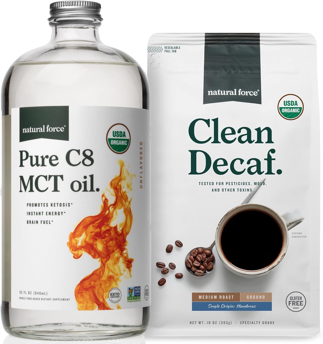 Natural Force Organic Ground Clean Decaf Coffee + Organic Pure C8 MCT Oil Bundle – 100% C8 MCTs & Mold & Mycotoxin Free Coffee – Non-GMO, Keto, Paleo, and Vegan - 10 Oz and 32 Oz
