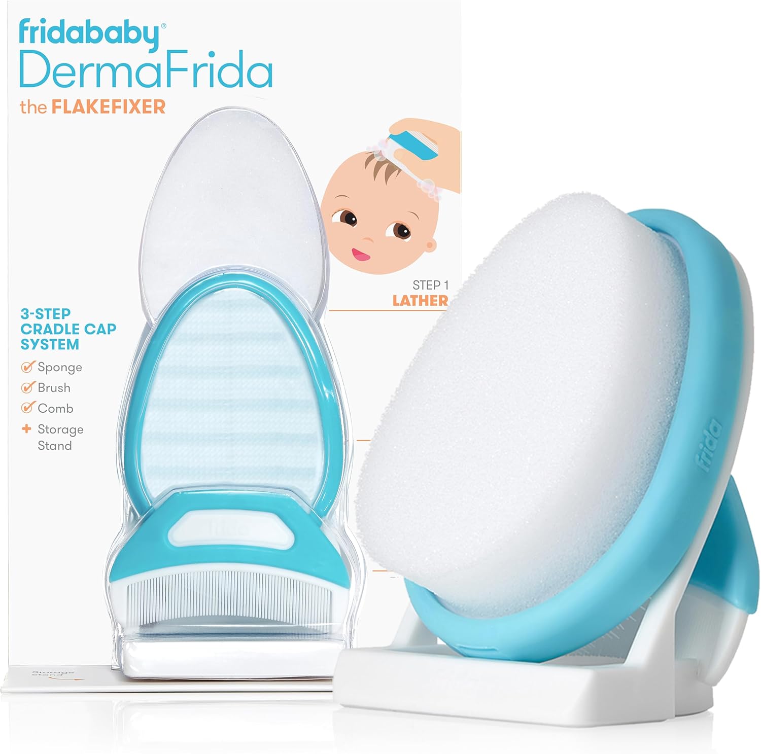 FridaBaby DermaFrida the FlakeFixer Cradle Cap Treatment System: 3-Step Cradle Cap Kit, Soothes Baby's Scalp, Prevents Dryness and Flakes, Sponge, Brush, and Comb + Storage Stand