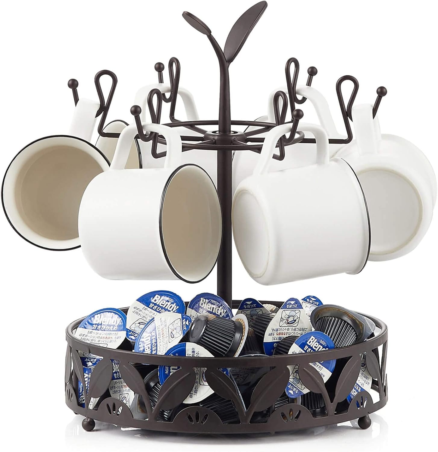 Coffee Mug Holder with Coffee Pod Basket Storage, Rotatable 6-Capacity Cup Mug Holder Tree, Coffee Counter Bar Accessory & Kitchen Organizer