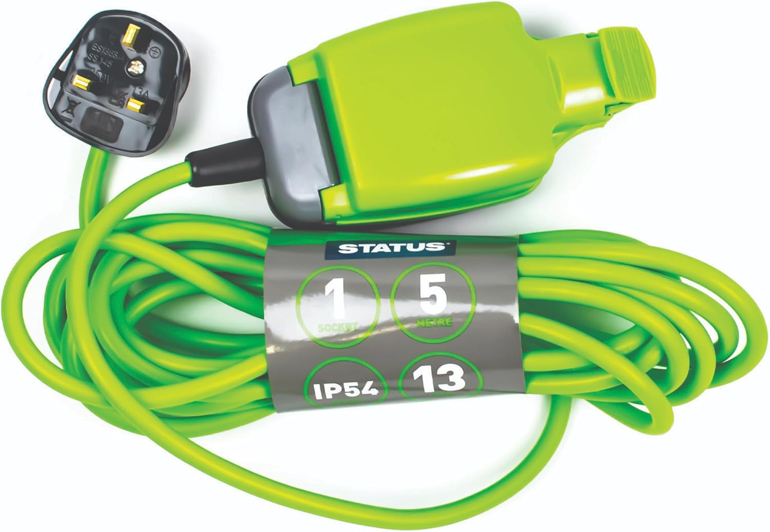 STATUS 1 Socket Extension Lead, 5m Green Extension Cable, 13 amp Weatherproof Socket, 1W5M13AIP54S6