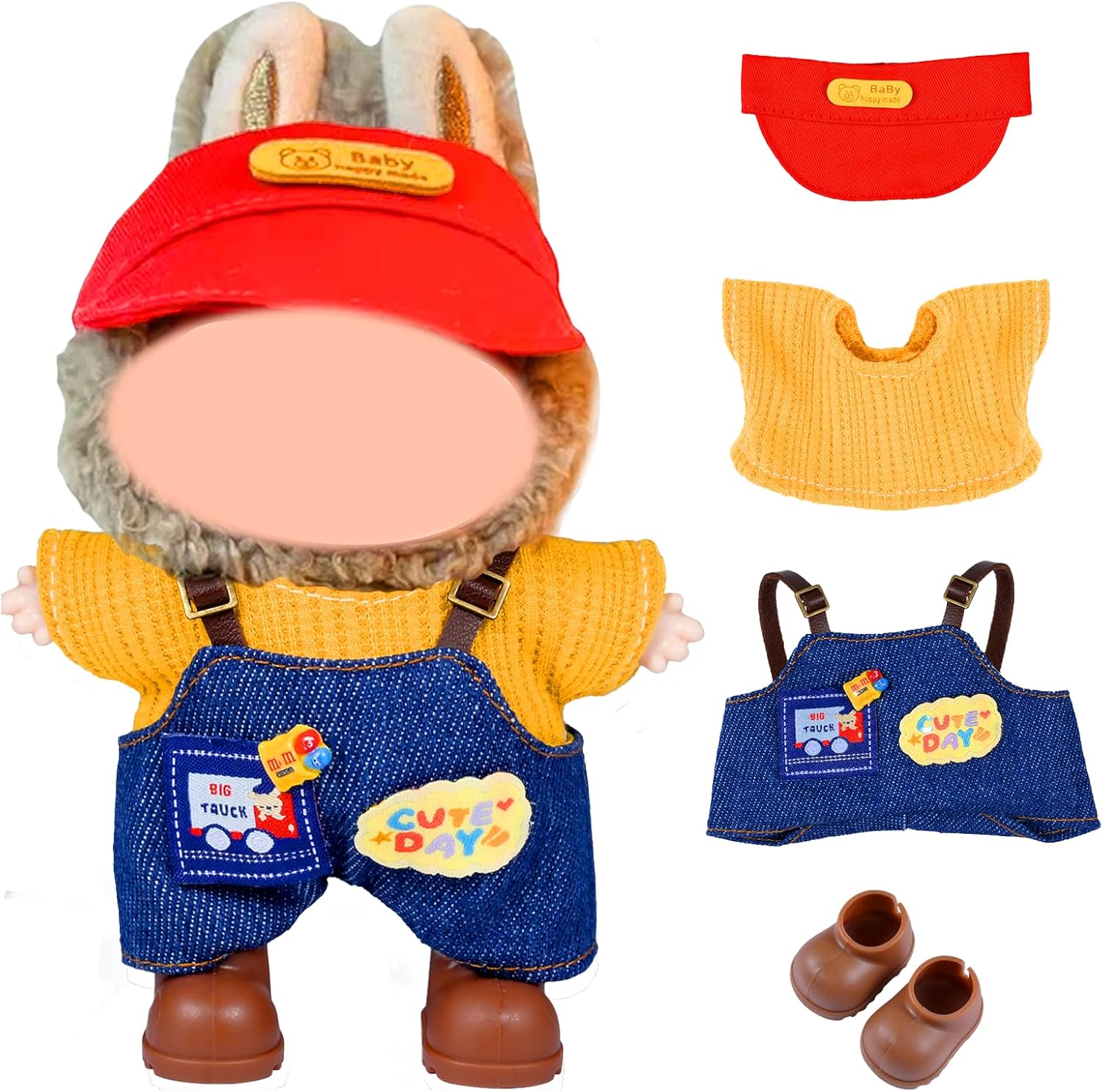 Doll Clothes Set and Accessories for Labubu (No Doll), 2025 Stylish Exquisite Adorable Designed Clothes Outfit for labubu 15cm/17cm Doll with Red Hat & Overalls & Brown Shoes