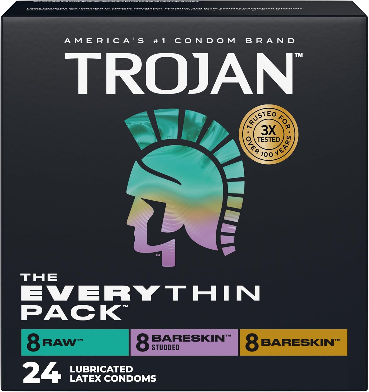 Trojan The Everythin Pack, Assorted Latex Lubricated Thin Condoms Variety Pack, Raw, Bareskin, Bareskin Studded, Premium Latex to Help Reduce Risk of Pregnancy and STIs, 24 Count