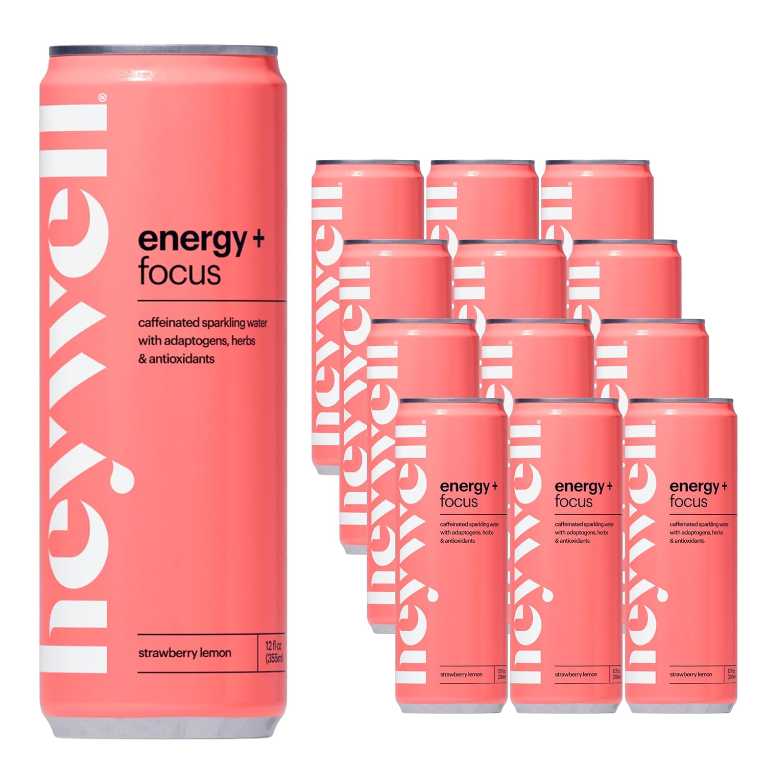 Heywell Sparkling Adaptogenic Water Energy and Focus, Strawberry Lemon Flavor 12 Fluid Ounce (Pack of 12) - Caffeinated, Organic, Non GMO, Vegan, Gluten Free, Dairy Free