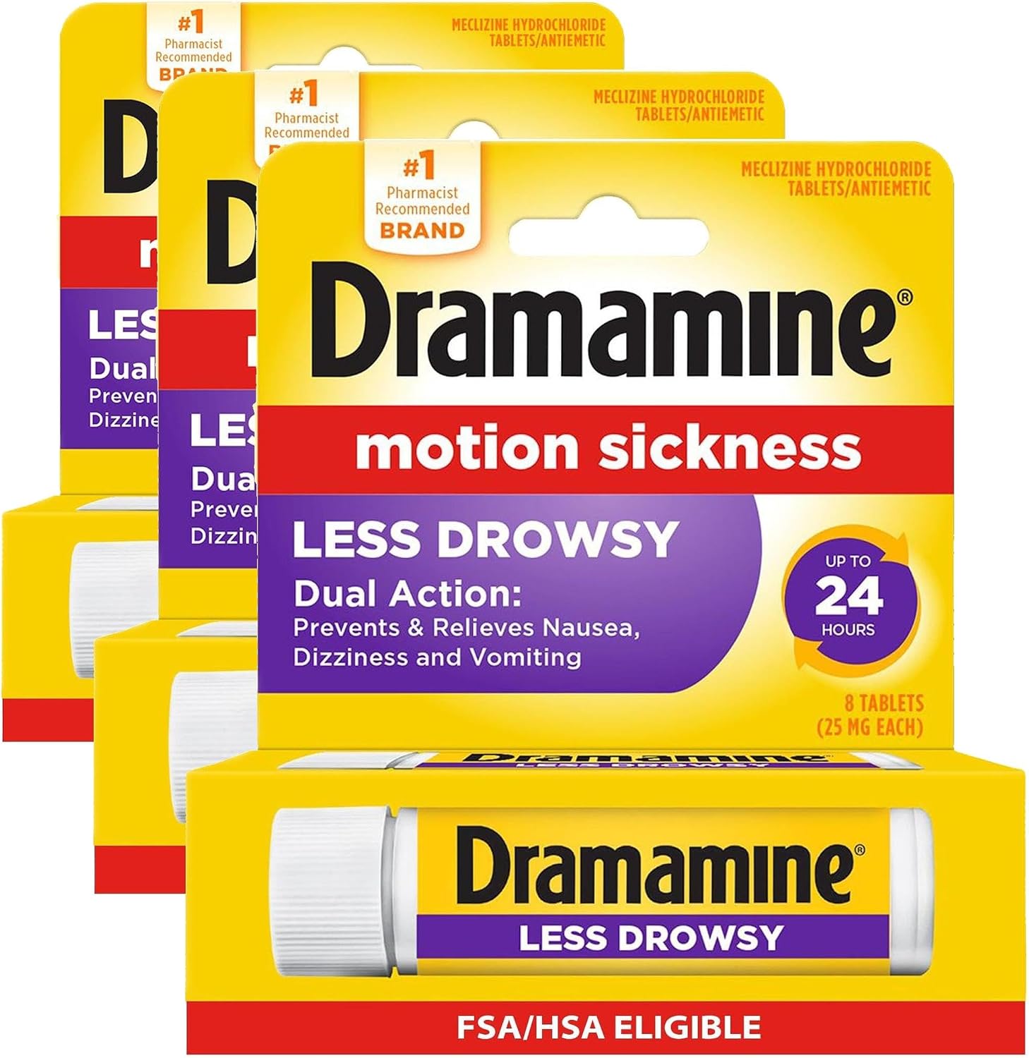 Dramamine Motion Sickness Less Drowsy, Travel Vial, Multicolor, 8 Count (Pack of 3)