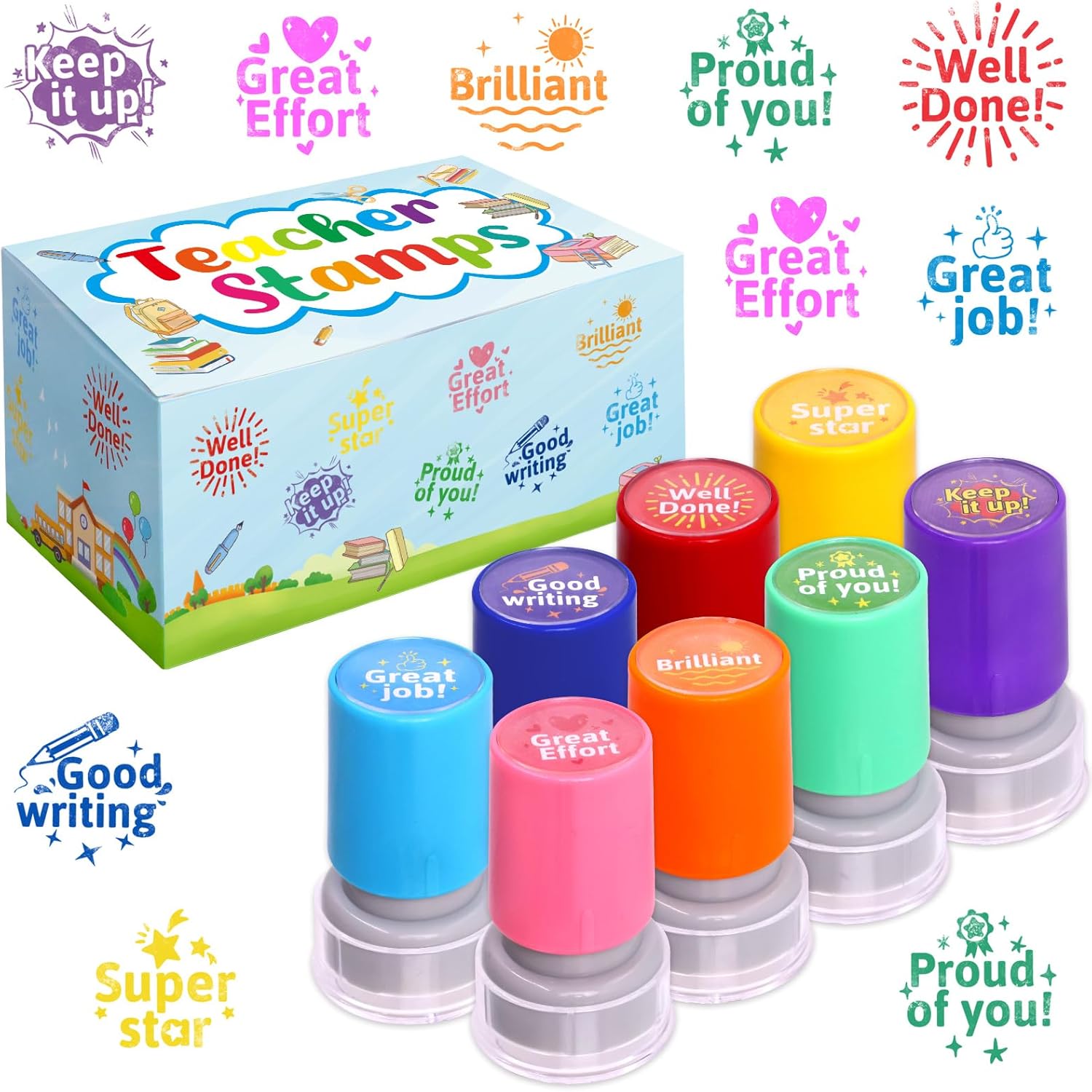 Fancy Land Teacher Stamps Self Inking for Classroom Rubber Stamp for Grading Homework Test Motivation Students Behavior Reward Supplies 8Pcs