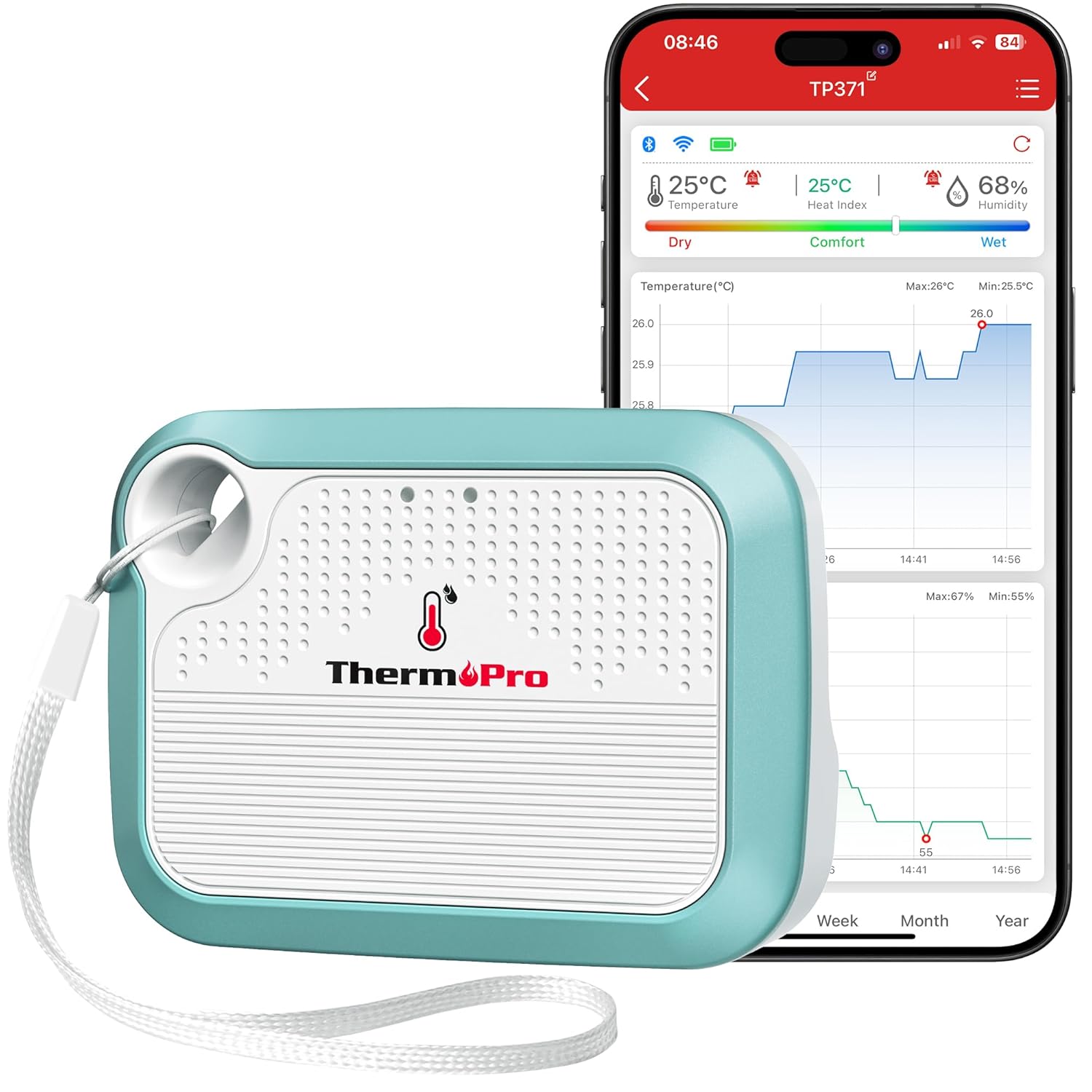 ThermoPro WiFi Hygrometer Thermometer, Wireless Humidity Meter Temperature and Humidity Monitor with Reliable Connectivity, Bluetooth Temperature Sensor with App Alerts and Data Storage Export TP371