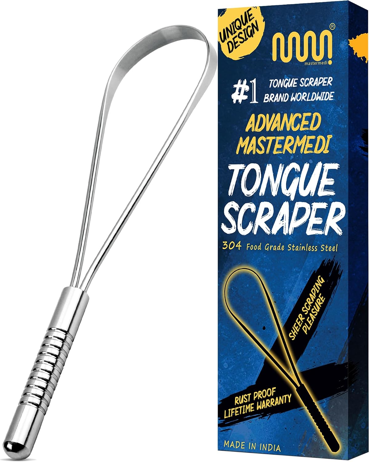 MasterMedi Tongue Scraper, Bad Breath Treatment for Adults & Kids, Medical Grade 100% Stainless Steel Tongue Scrapers for Oral Care, Easy to Use Tongue Cleaner with Ergonomic Design for Hygiene