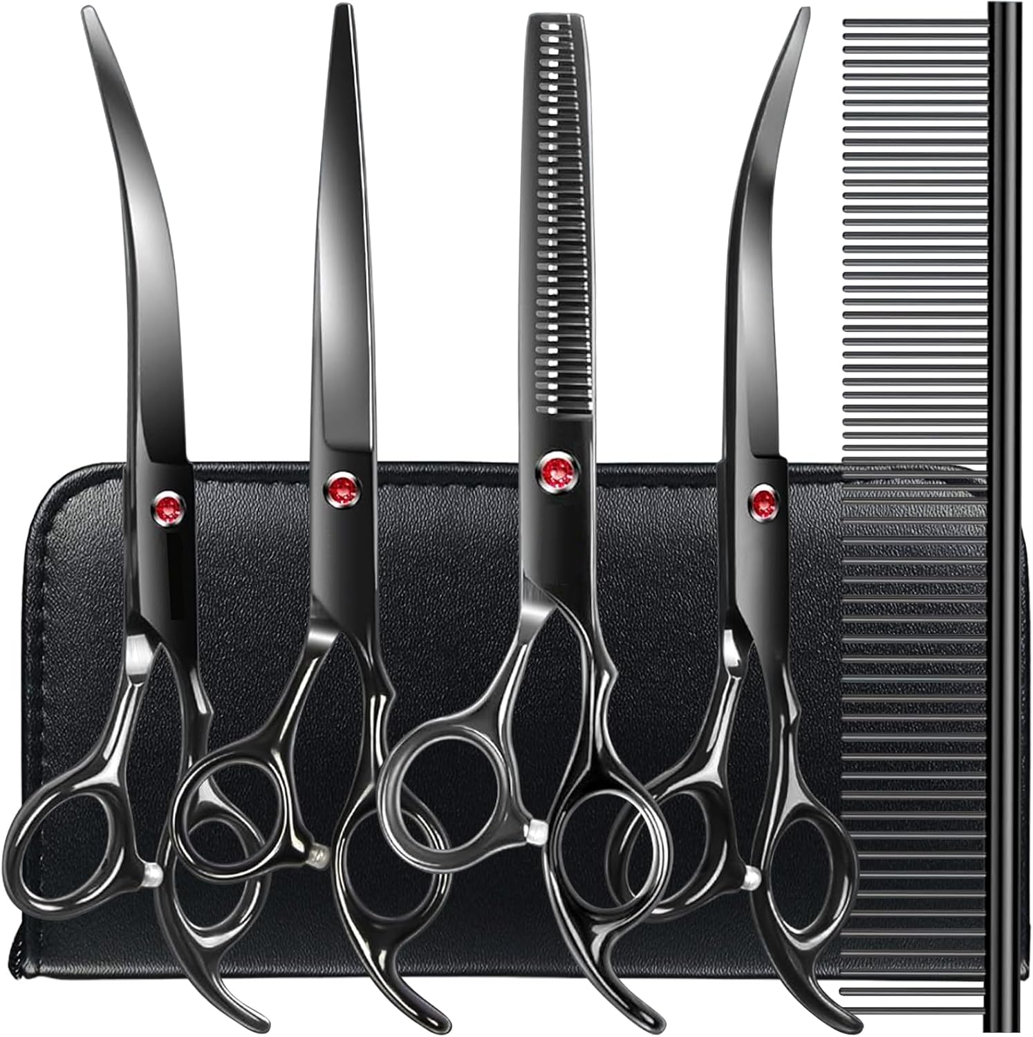 TINMARDA Dog Grooming Kit, Titanium Black Stainless Steel Dog Grooming Scissors with Curved Shears, Black Finger Rings - 5 Piece Sharp Durable Pet Shears for Dogs Cats At Home Salon-Quality Grooming