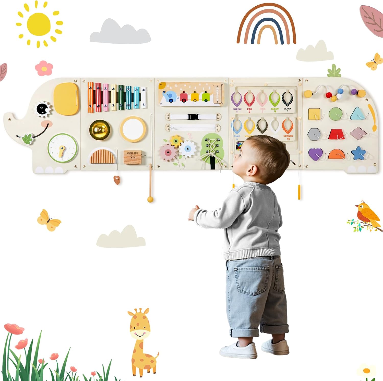 Elephant Activity Wall Busy Board Panels Wooden Sensory Wall Panel for Kids