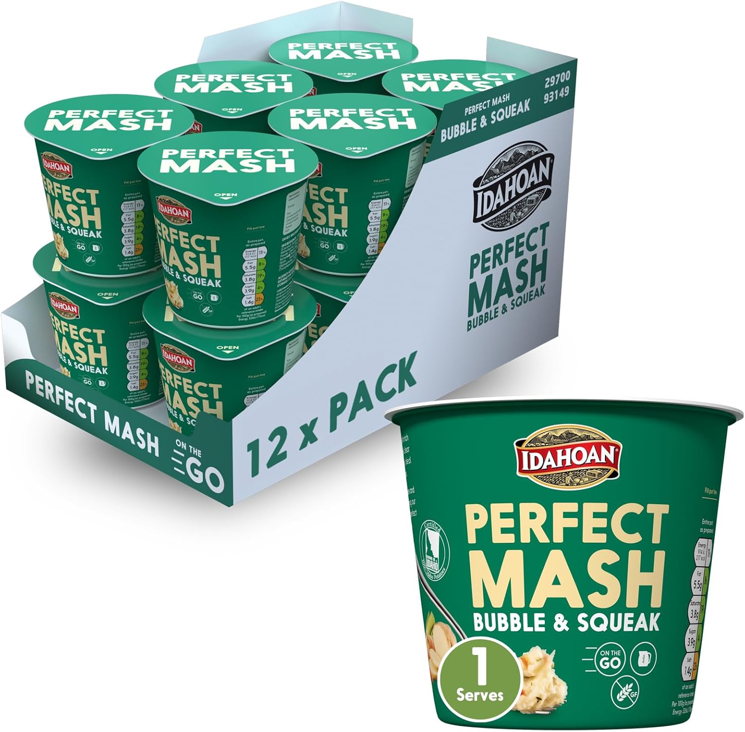 Idahoan Bubble and Squeak Mashed Potato Pots 12 x 55g - Dried Potato Mash Vegetarian and Gluten Free Instant Potato Pot Cooks in 1 Minute, Quick Lunch, Bulk Ready to Eat