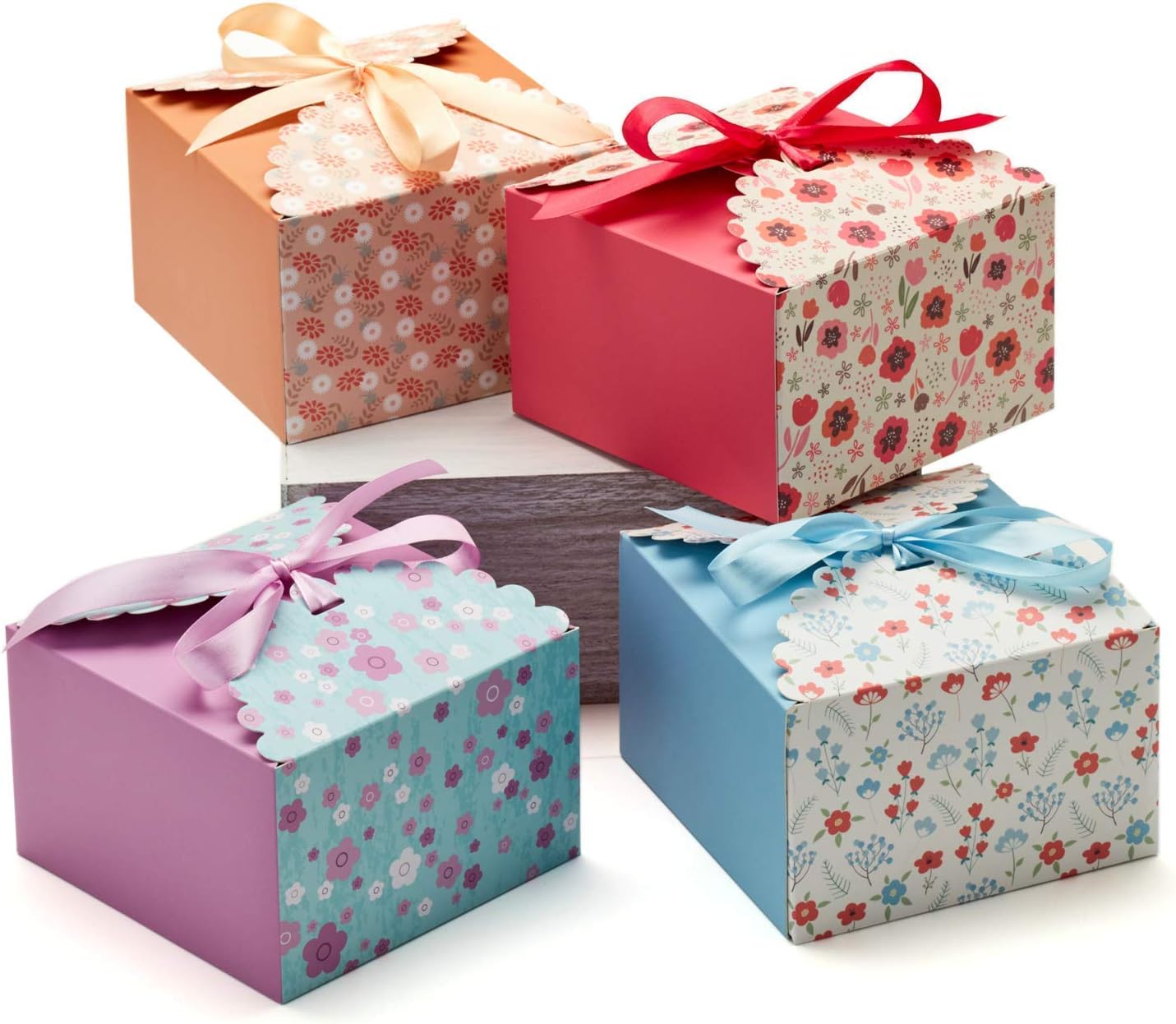 Small Floral Gift Boxes with Lids & Ribbons (20 Pack) 5.8” x 3.7” Empty Decorative Treat Boxes for Gift Giving, Baked Goods, Square Cookie Tins, Mithai Indian Sweets, Candy, Diwali, Bulk, Return, Cute