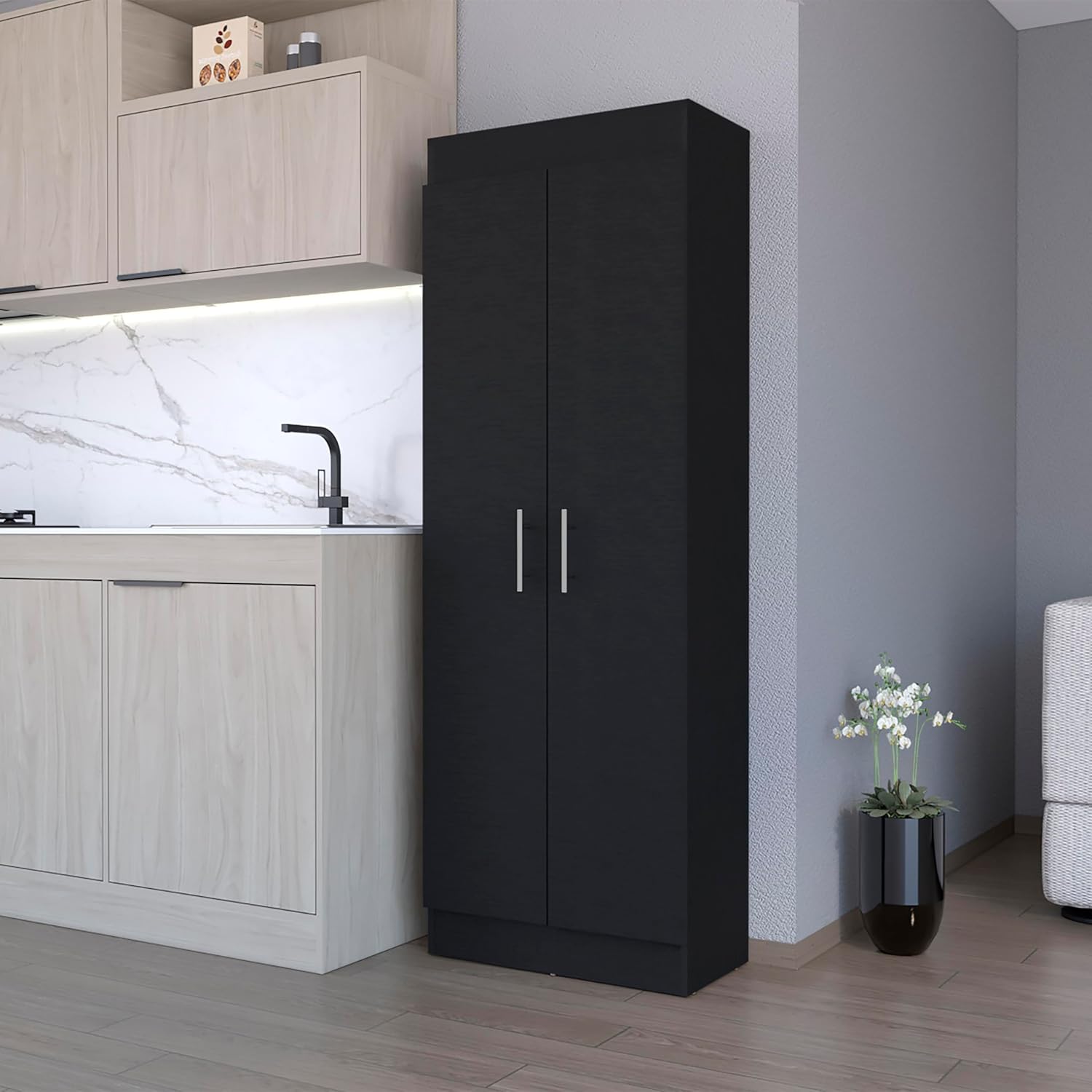Pantry Cabinet with Sleek 5-Shelf Storage, Dual-Door Access, Contemporary Design, Black Wood Finish