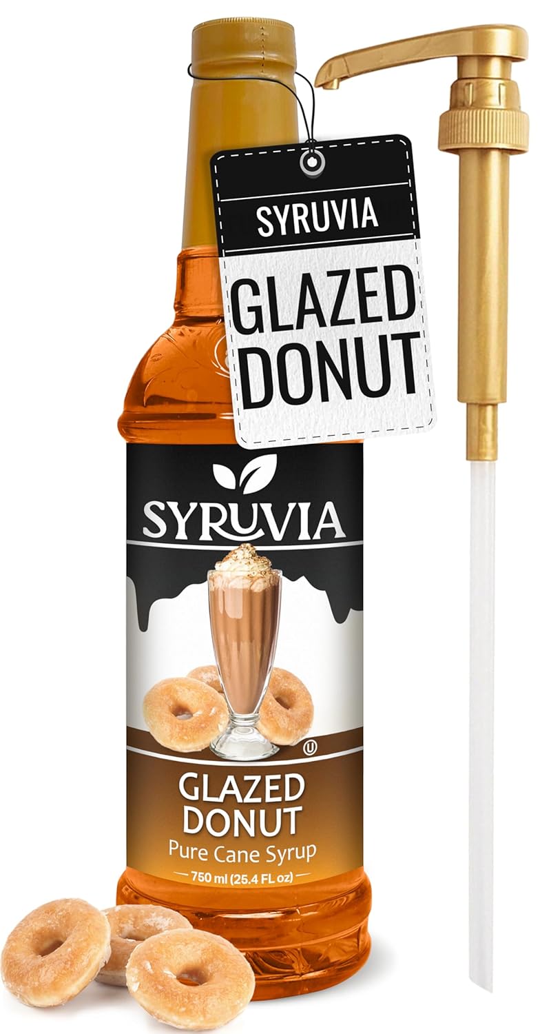 Syruvia Glazed Donut Coffee Syrup - 25.4 fl oz Premium Coffee Flavoring Syrup - Kosher Coffee Syrups, Gluten Free, No Coloring, Perfect for Drinks, Soda, Shakes, Desserts, and More With Pump