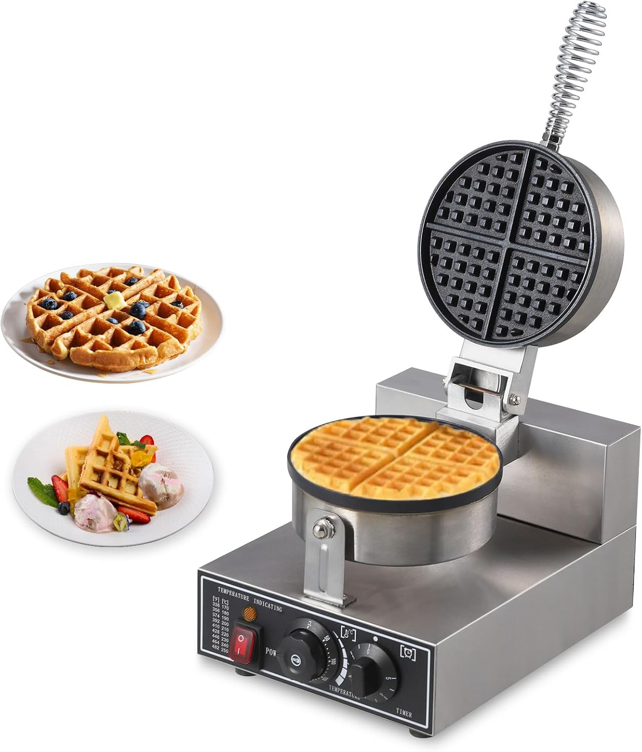 Commercial Waffle Maker Electric Waffle Iron Non-Stick Waffle Maker Machine Round Waffle Maker With Time Control Temperature Adjustable, 110V 1300W