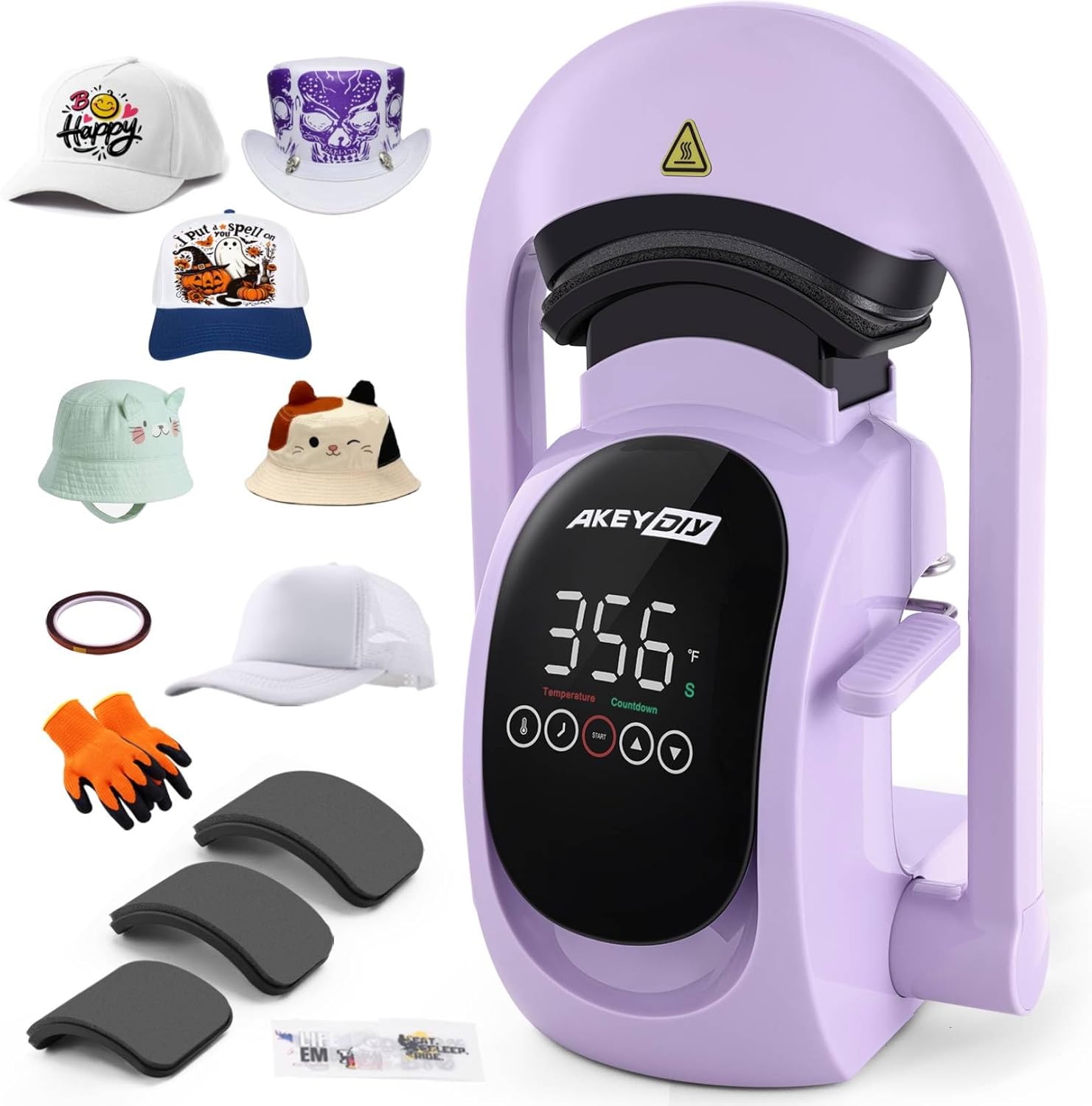 AKEYDIY 3-in-1 Auto Hat Heat Press Machine for Caps, with 3pcs Interchangeable Platens, Automatic Open & Release, Touchscreen for Precise Time & Temp Control, Heat Transfer Printing for Caps, Purple