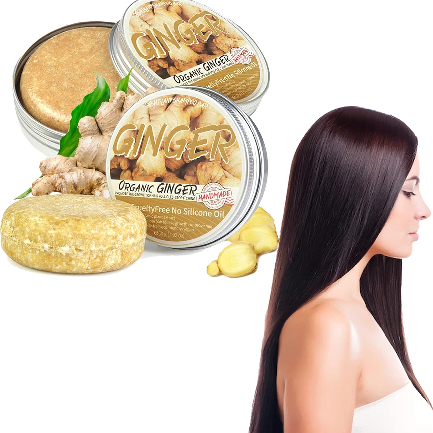 DMQ 2pcs Ginger Hair Regrowth Shampoo Bar, Plant Soap, Natural Organic Anti Loss, Frizzing, Dandruff & itching, Protect Scalp Men&Women Use, 60.0 grams, Pack of 1