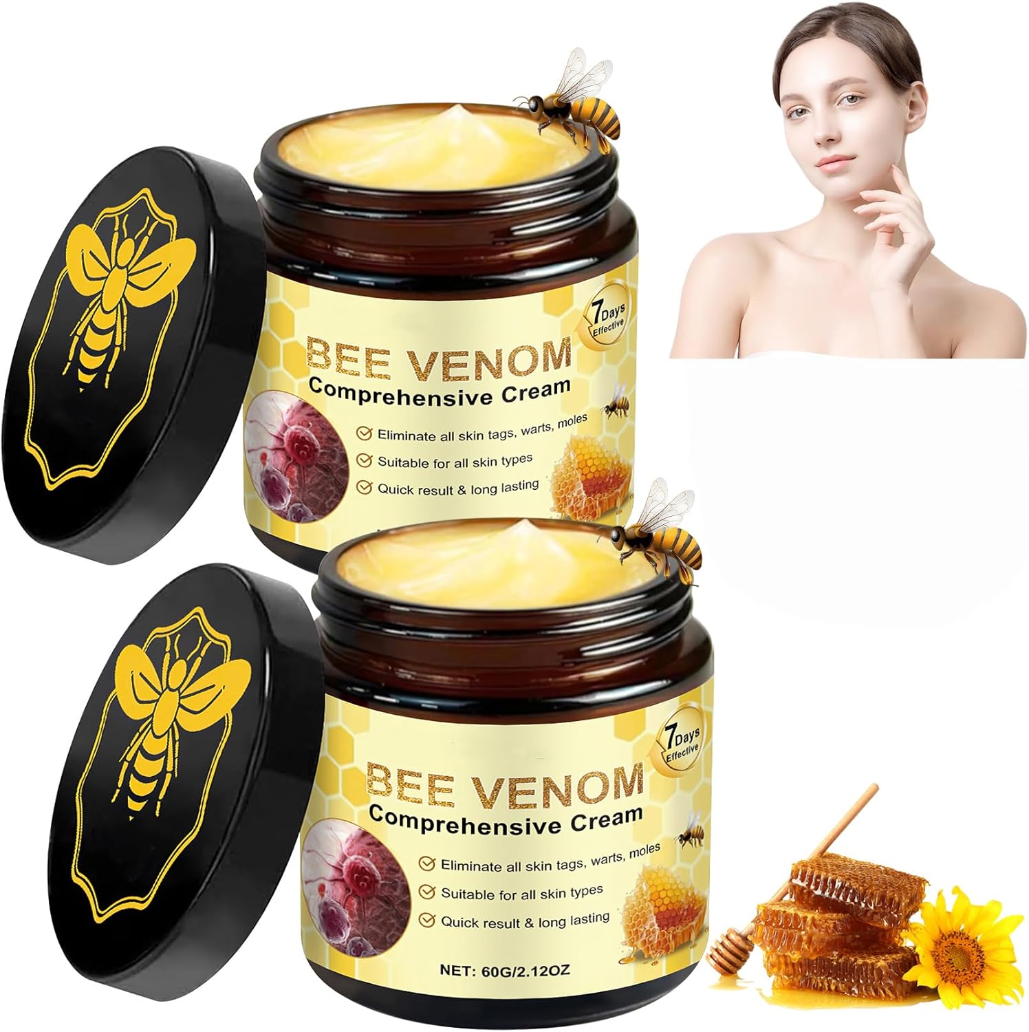 Bee Venom Cream Wrinkle Removal Bee Venom Skin Treatment Skin Tag Removal Bee Venom Comprehensive Cream for All Skin Types, Relieving, Smoothing and Hydrating Skin(2PCS*60G)
