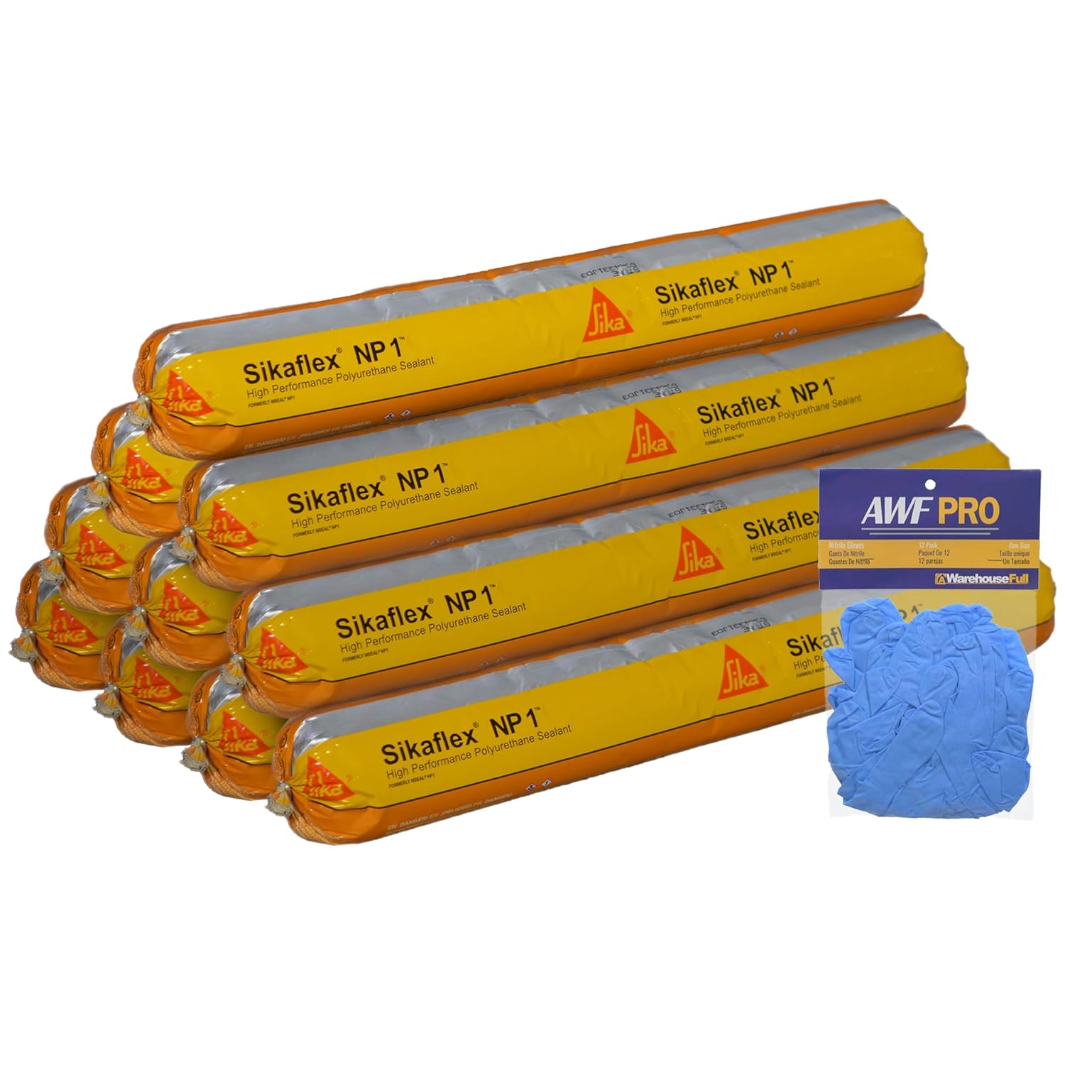Sikaflex NP1 Stone 20oz Polyurethane Sealant with AWF PRO Gloves, One Component, Flexible, Non Sag, Elastomeric Acoustic Sealant (Pack of 10, Stone)