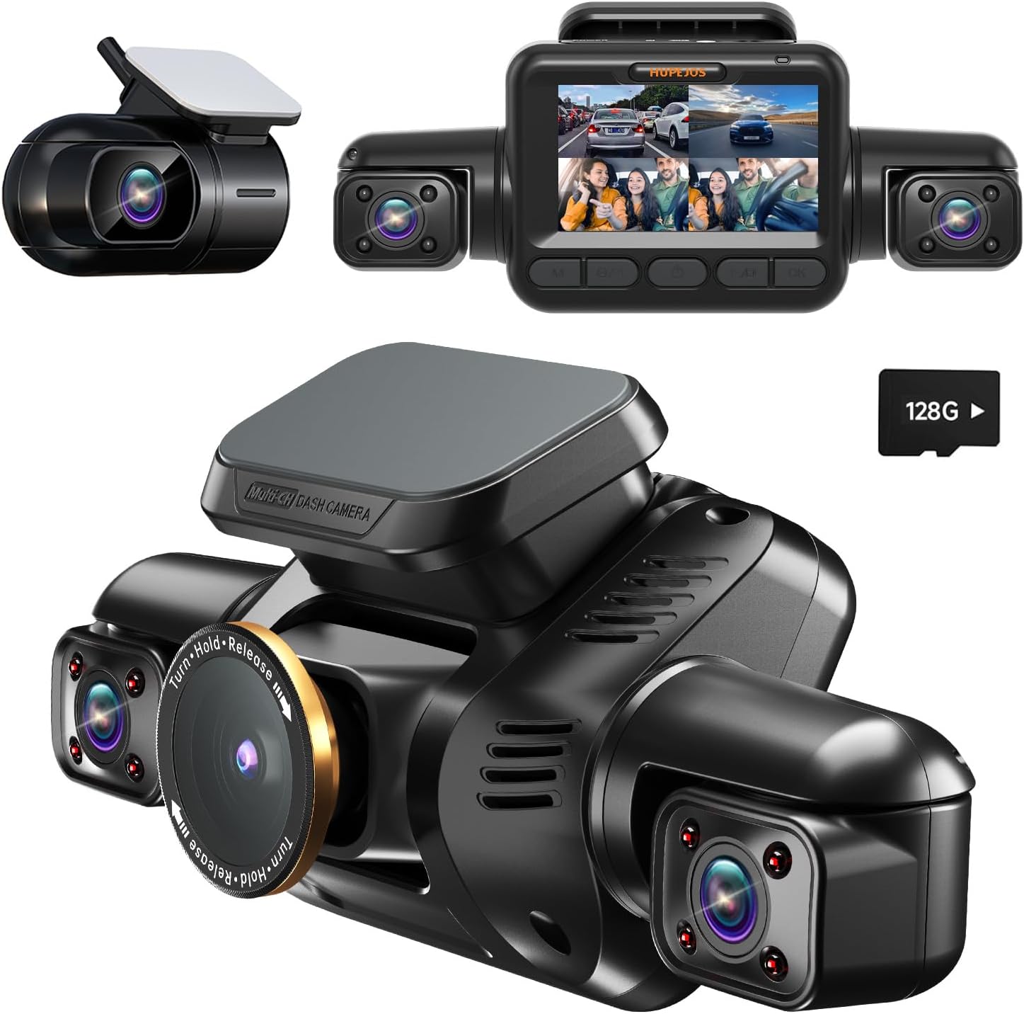 AI Dash Cam Front Rear Inside with Driver Monitor System, 360° Car Camera 4K, 4 Channel Camera for Cars Built-in WiFi GPS, Dashcam with 128GB SD Card, Night Vision, 24H Parking Mode, Upgrade DMS V8Pro