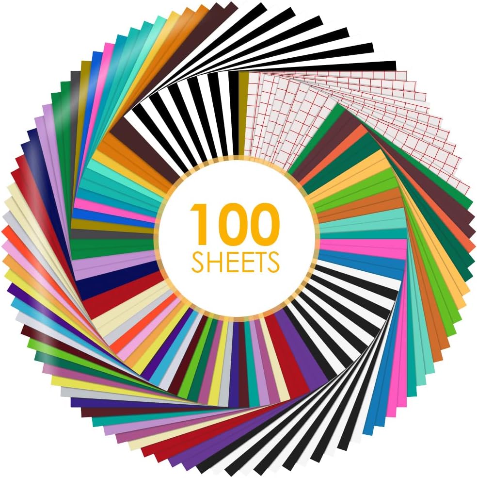 HTVRONT Permanent Vinyl for Cricut Machine-100 Pack 12 "x12 Adhesive Vinyl Sheets Set, 90 Sheets Permanent Bundle & 10 Transfer Tape for Projects and Crafting