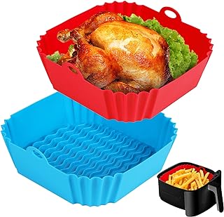2 PCS Square Silicone Air Fryer Liners - 8 Inch Reusable Air Fryer Pot - Air Fryer Accessories - Air Fryer Inserts for 4 to 7 QT Oven Microwave Accessories (Red + Blue)