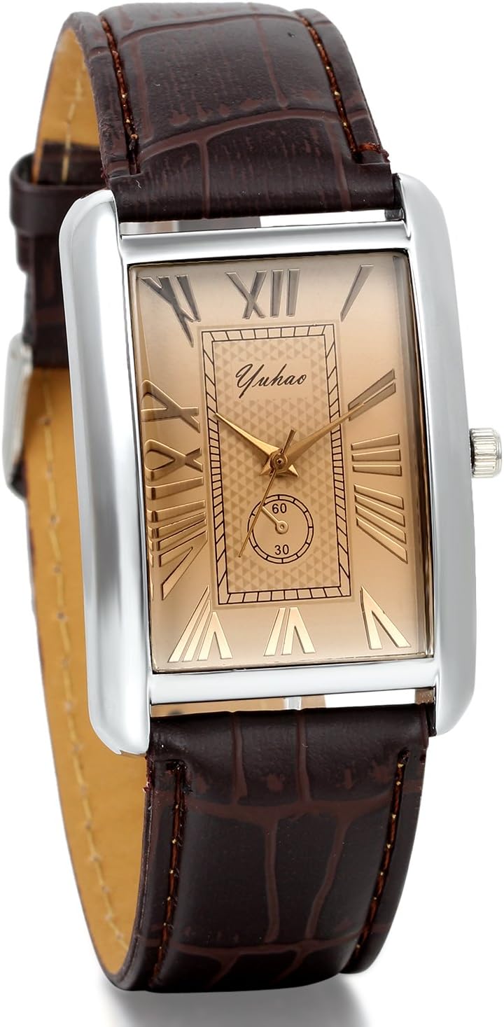 JewelryWe Mens Unique Square Analog Quartz Business Casual Wrist Watch with Brown Leather Strap