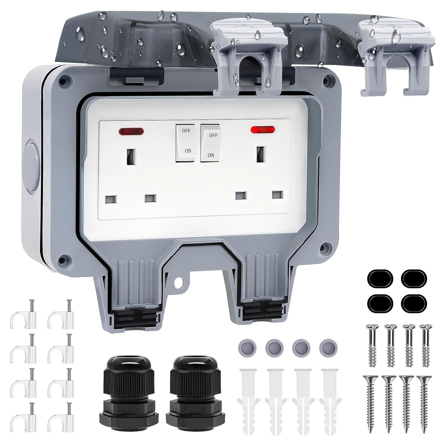 Double Outdoor Socket Waterproof Outside Plug Socket Weatherproof IP66 Wall Electrical Outlet 13Amp 2Gang Storm Switched Power Socket