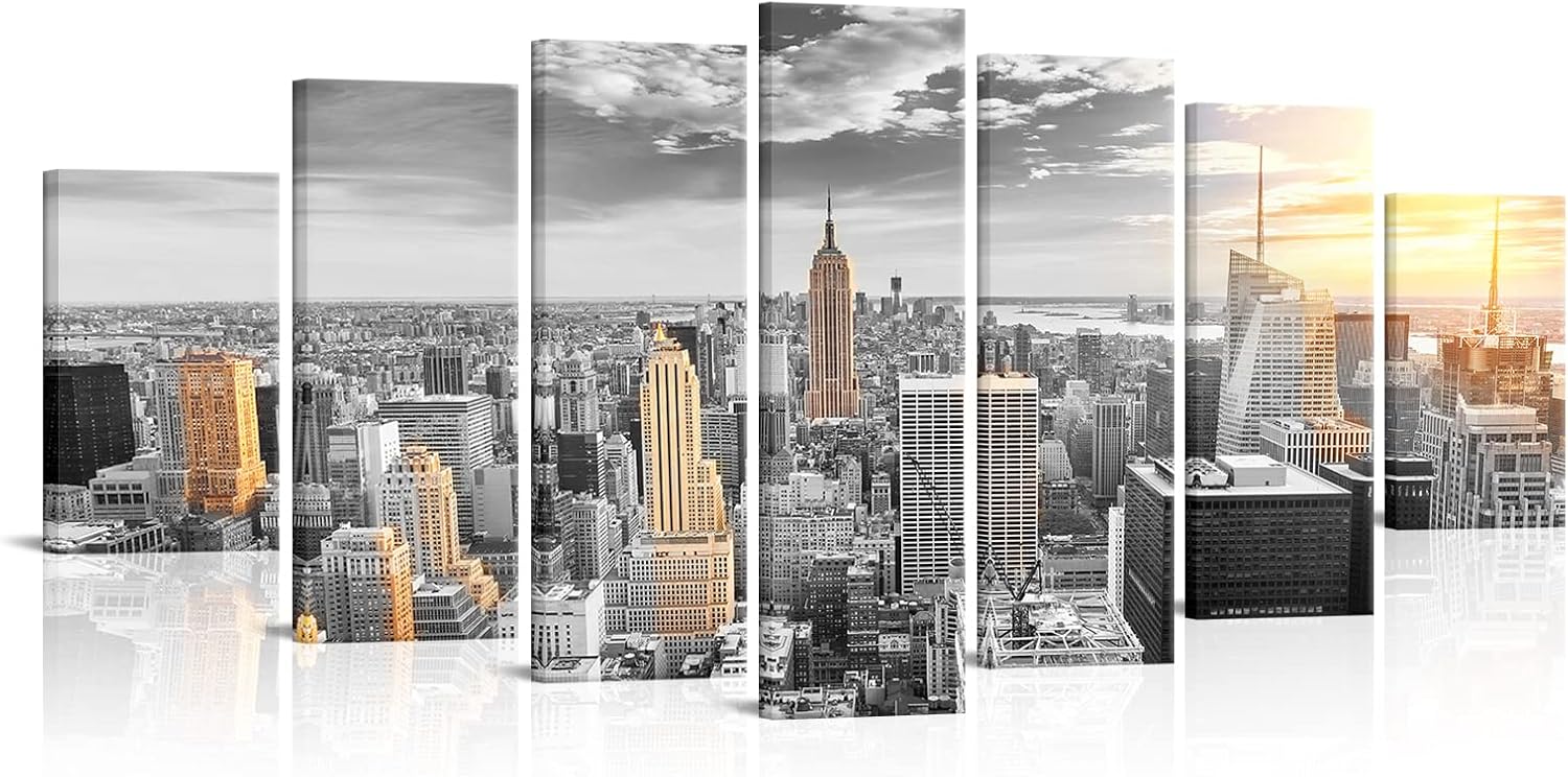 LevvArts Extra Large 7 Piece New York City Canvas Wall Art Gold Sunset Pictures Poster Print Modern Cityscape Painting for Living Room Office Decor Framed,70" W x 32" H