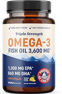 Triple Strength Omega 3 Fish Oil 3600 mg | EPA & DHA | Over 2100mg Omega-3 Fatty Acids | 1300mg EPA + 860mg DHA | Best Essential Fatty Acids | Premium Burpless Fish Oil Omega 3 Supplements (180 Ct)